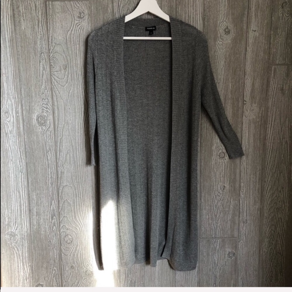 Torrid Long Gray Cardigan With Crisscross Detail